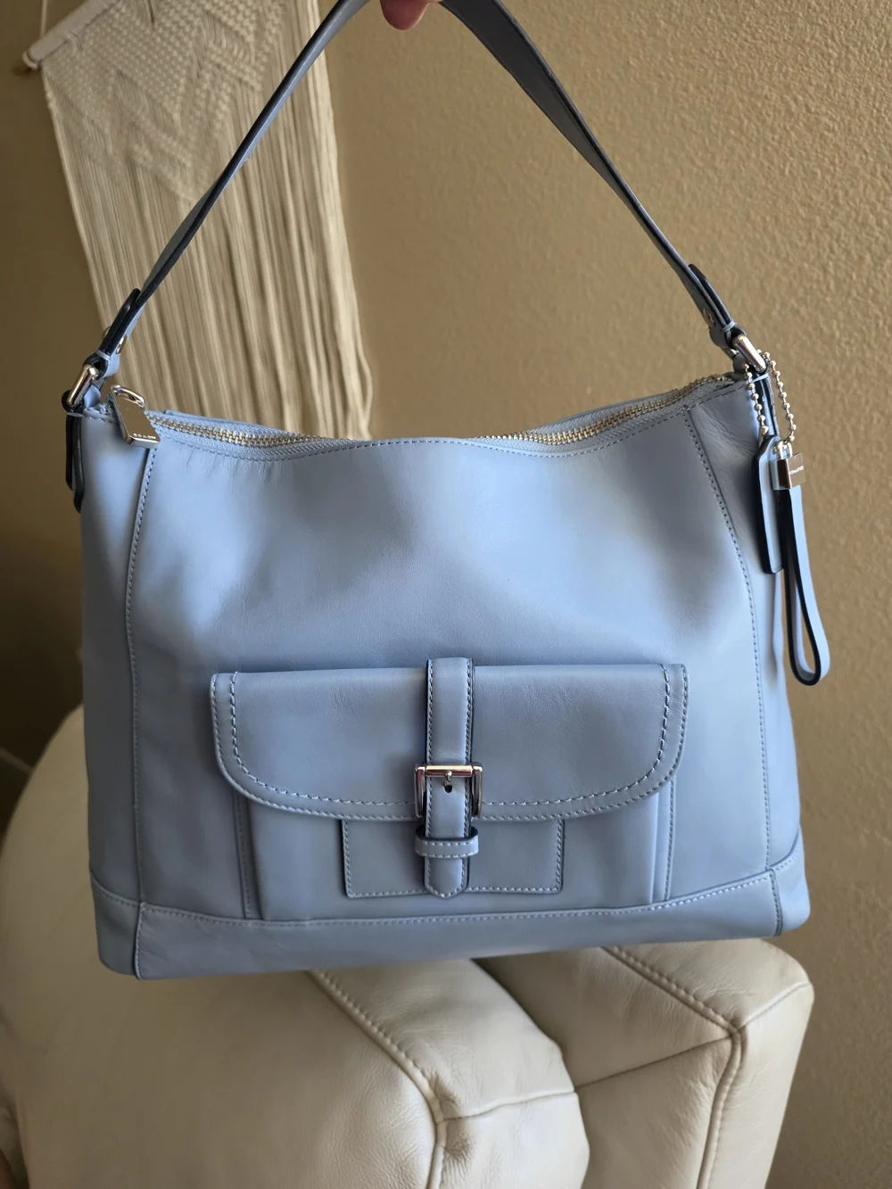 Coach Light Blue Leather Shoulder Bag with Front Buckle Pocket